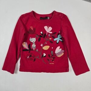 Catimini Graphic Tee 2-3 Red Long Sleeve Cat Floral Snap Shoulder French Top